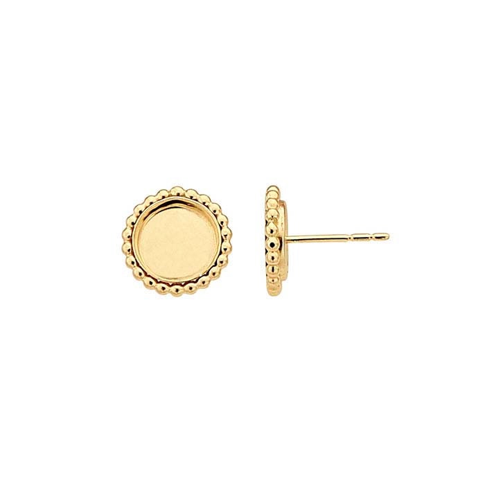 12/20 Yellow Gold-Filled 5mm-10mm Round Cabochon Beaded Post Earring Mounting, Round Cab (Cabochon) Earrings Setting