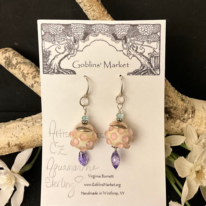Artisan Glass Beads with CZ & Aquamariner Earrings