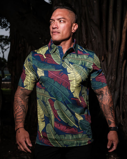 "Banana Patch Mash Up" Jungle Greens - OGA Men's Polo - Multi Greens