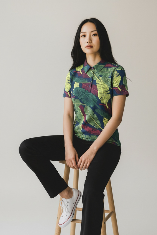 "Banana Patch Mash Up" Jungle Greens - OGA Women's Polo - Multi Greens