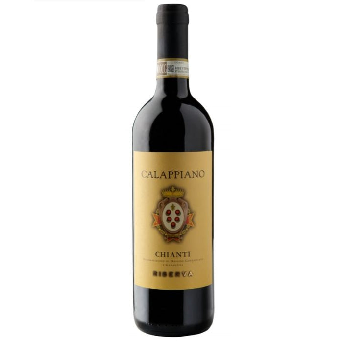 A bottle of Fattoria di Calappiano Chianti Riserva 2019 wine with a label displaying the brand name and a coat of arms.