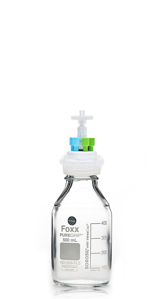 HPLC Solvent Reservoir Bottle Assembly, GL45, 500mL Clear, Class VI Polytetrafluoroethylene (PTFE) Adapter, 4 Ports for 3.2mm(1/8") and/or | img_1 | Foxx Life Sciences Global | shopfls.com