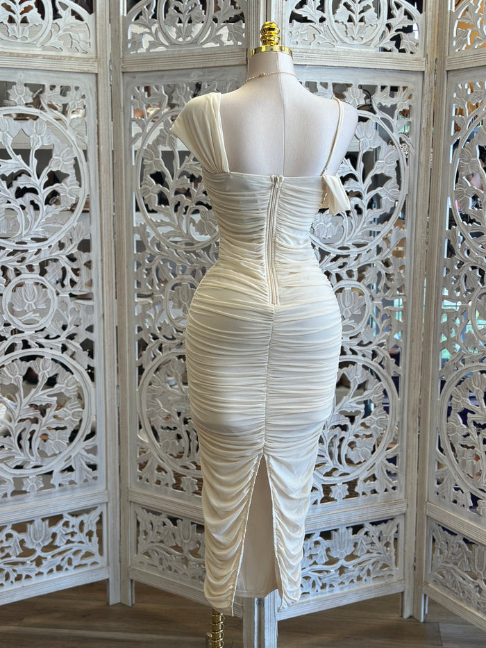 Ivory Ruched Midi Dress- Stretchy , Estira