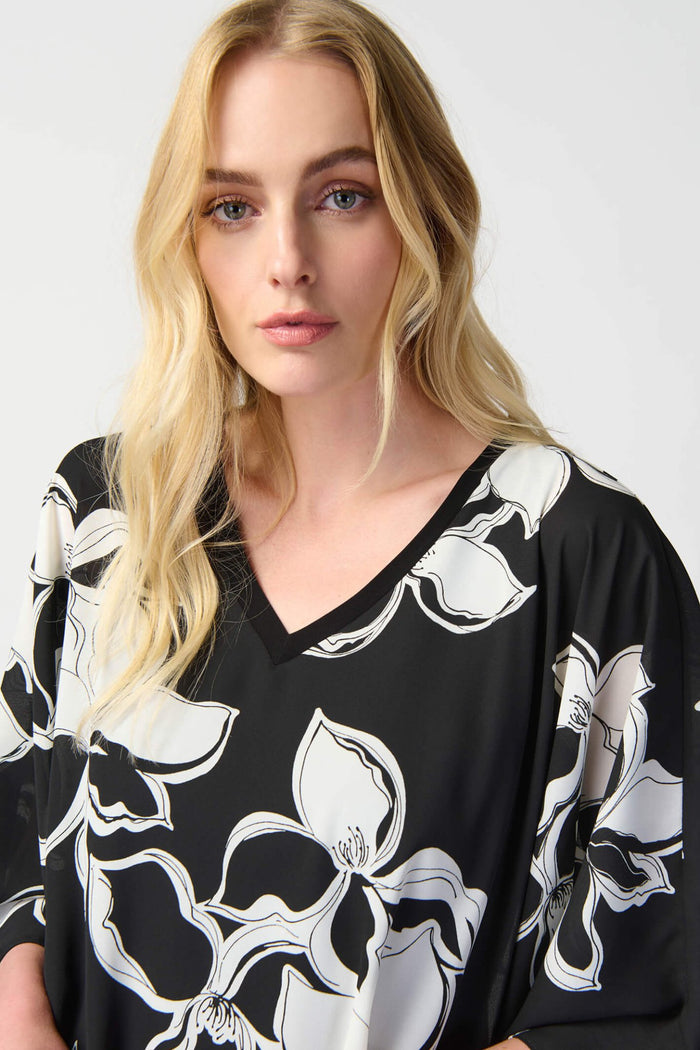 Joseph Ribkoff 241170 Black White Floral Print Georgette Poncho & Camisole - Dotique Chesterfield