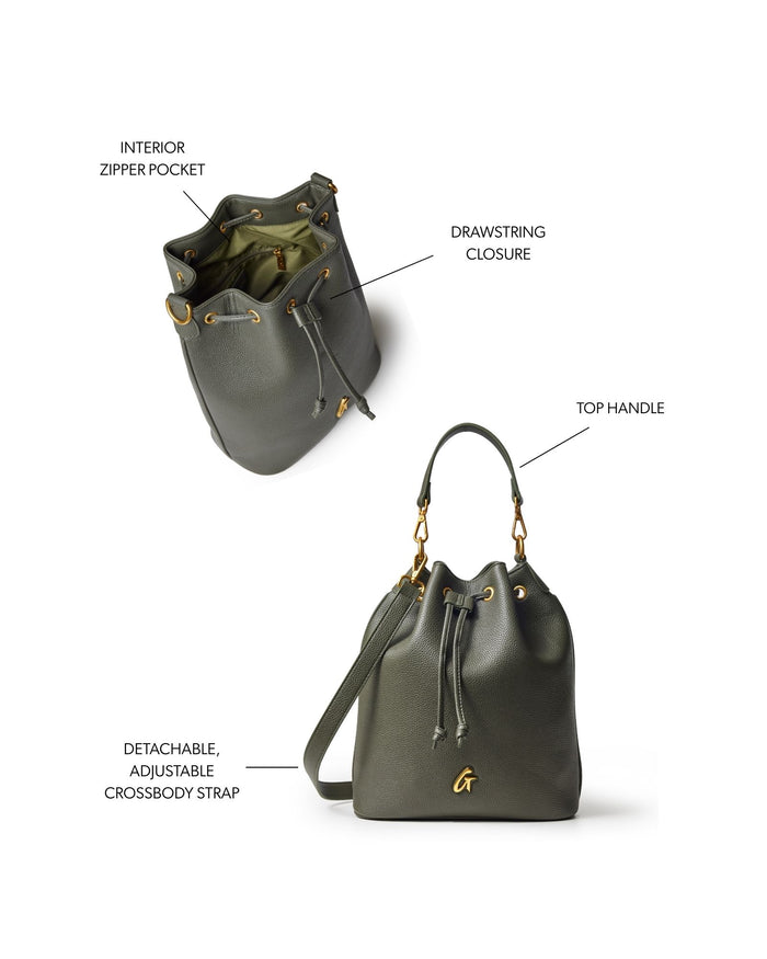 Olive green large pebble bucket bag featuring a drawstring closure, top handle, and adjustable crossbody strap.