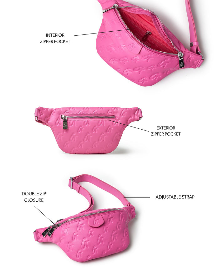 Hot pink mini monogram fanny pack featuring adjustable strap, exterior and interior zipper pockets, and double zip closure.