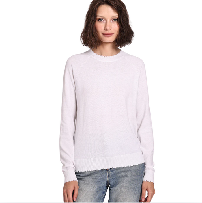 Minnie Rose Cotton Cashmere Frayed Edge Crew