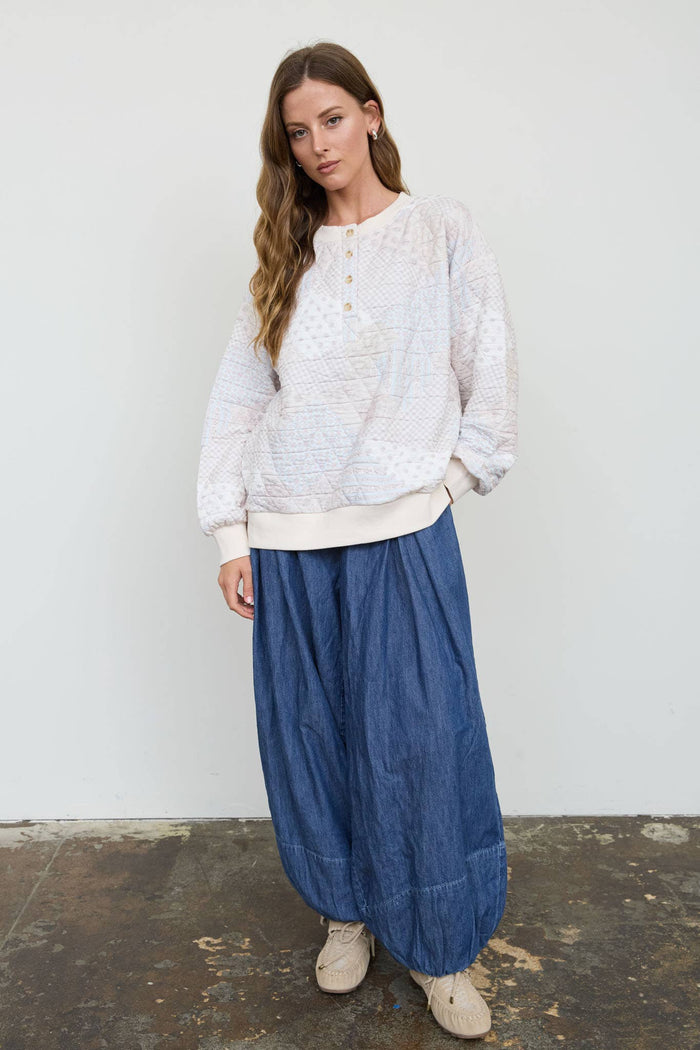 MULTI-PATTERN HENLEY QUILTED JACKET: IVORY MULTI