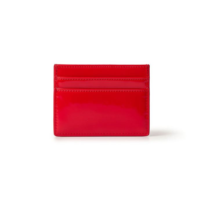 Red mirror finish silver card holder with multiple card slots, sleek and compact design.