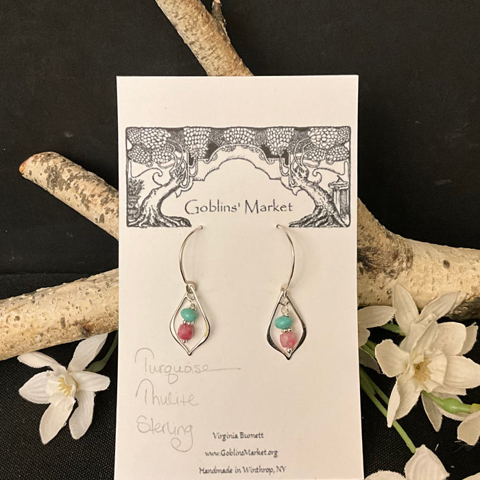 Turquoise & Thulite Silver Framed Drop Earrings