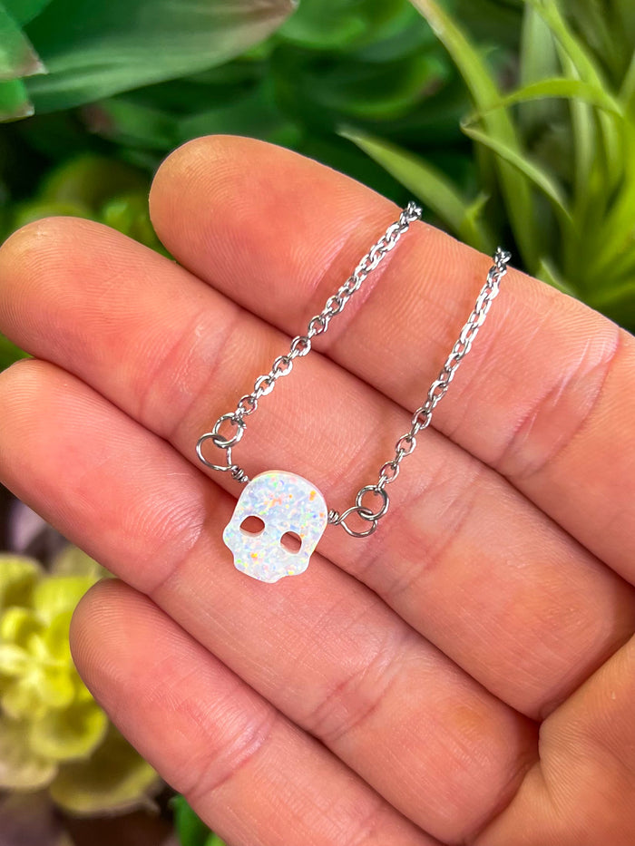 White Lab-Opal Skull Choker Necklace