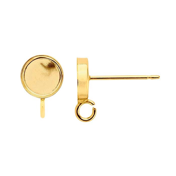 14/20 Yellow Gold-Filled 6mm to 10mm Round Cabochon Post Earring Mountings with Open Ring, Round Cabochon Earrings, Blank Setting, Stud