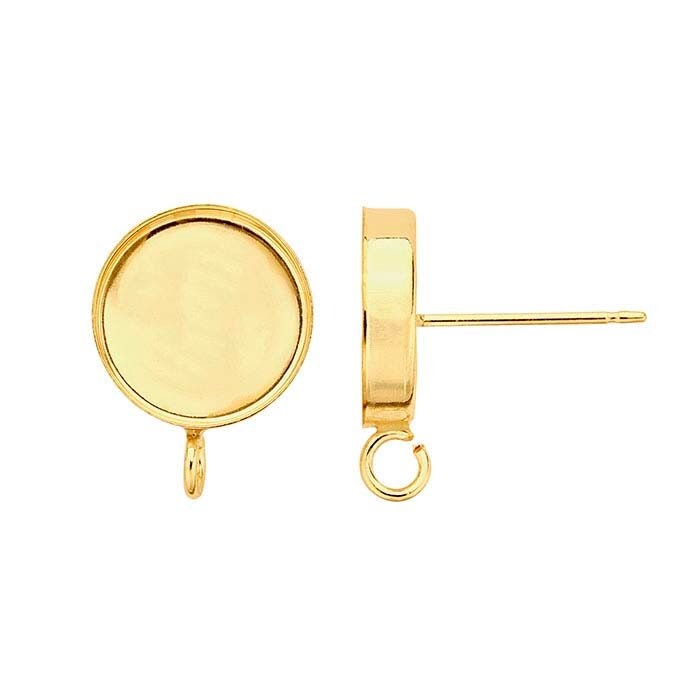 14/20 Yellow Gold-Filled 6mm to 10mm Round Cabochon Post Earring Mountings with Open Ring, Round Cabochon Earrings, Blank Setting, Stud