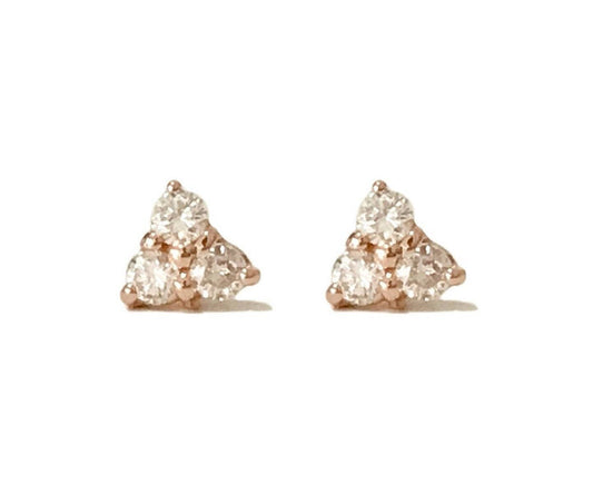 14kt Yellow, White, or Rose Gold Natural (Genuine) 2mm-3mm Round Triple Diamond Earrings, Tri-stone Studs, Trinity Cluster,  Fine Earrings