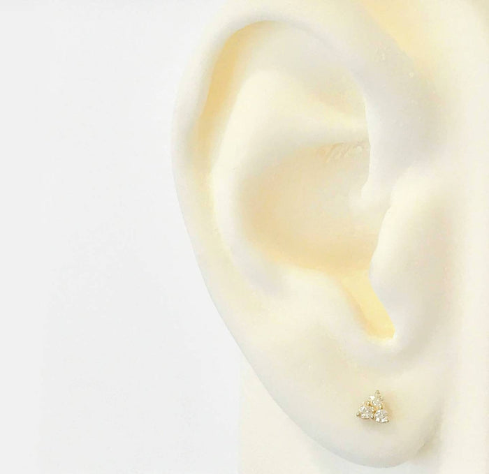 14kt Yellow, White, or Rose Gold Natural (Genuine) 2mm-3mm Round Triple Diamond Earrings, Tri-stone Studs, Trinity Cluster,  Fine Earrings