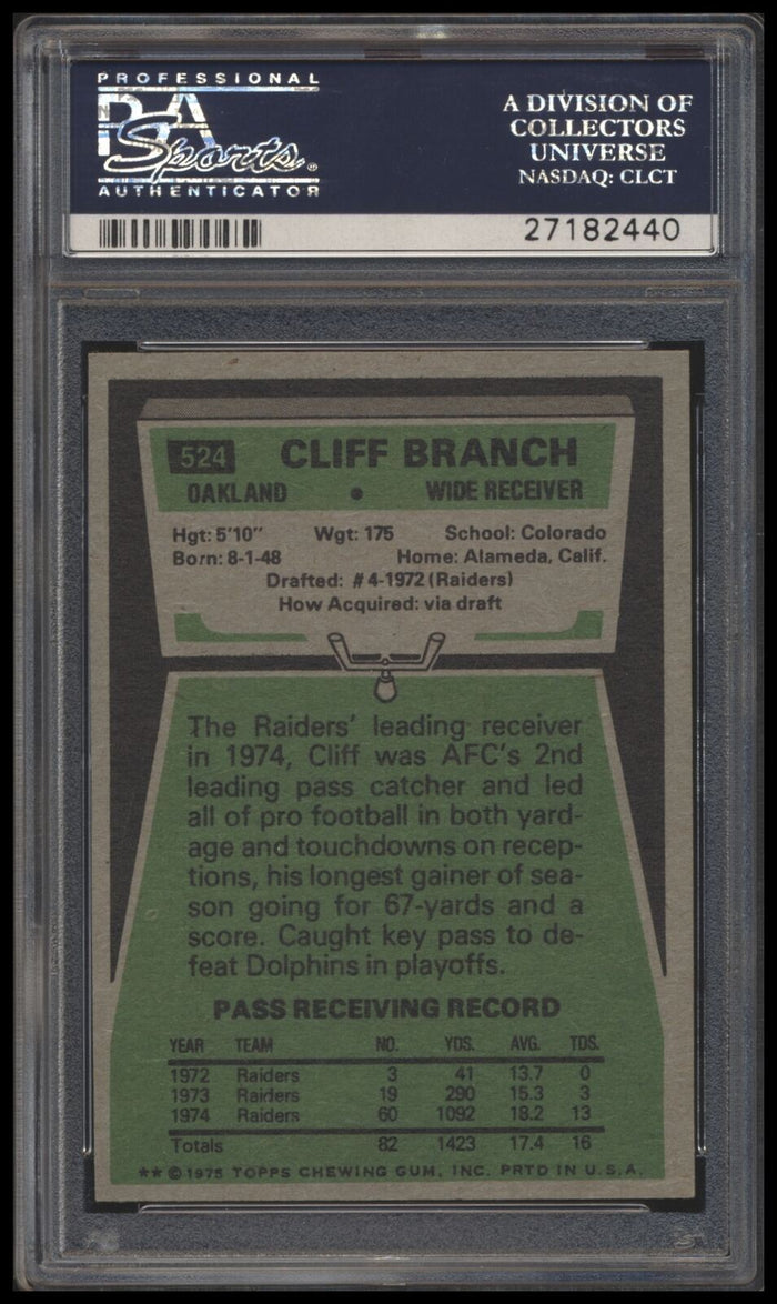 1975 Topps #524 Cliff Branch psa 8 NMMT RC