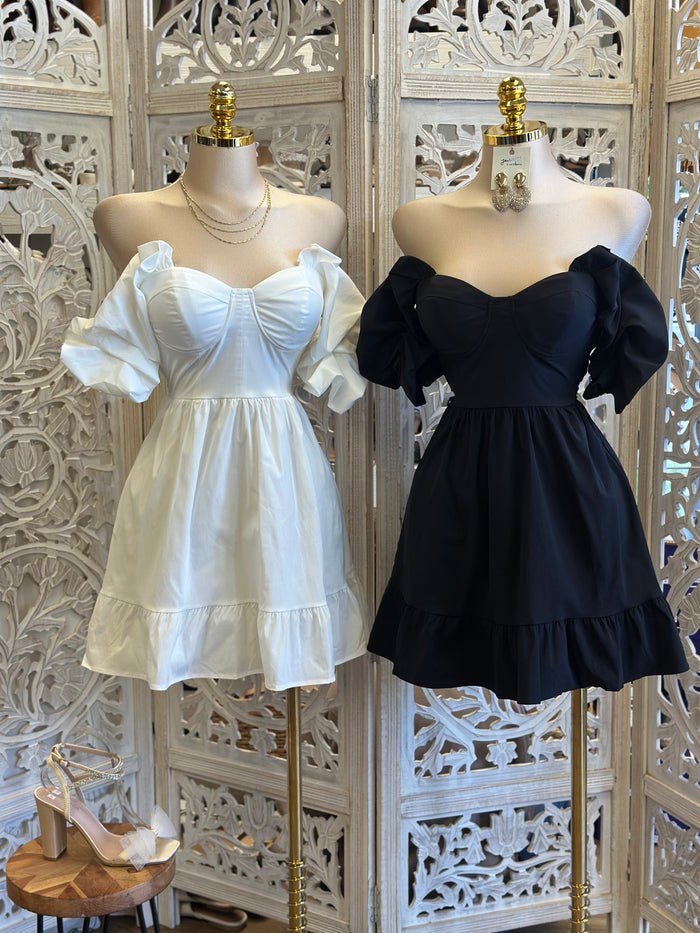 Off Shoulder Puff Sleeve Mini Dress-Estira Poco, Slightly Stretchy