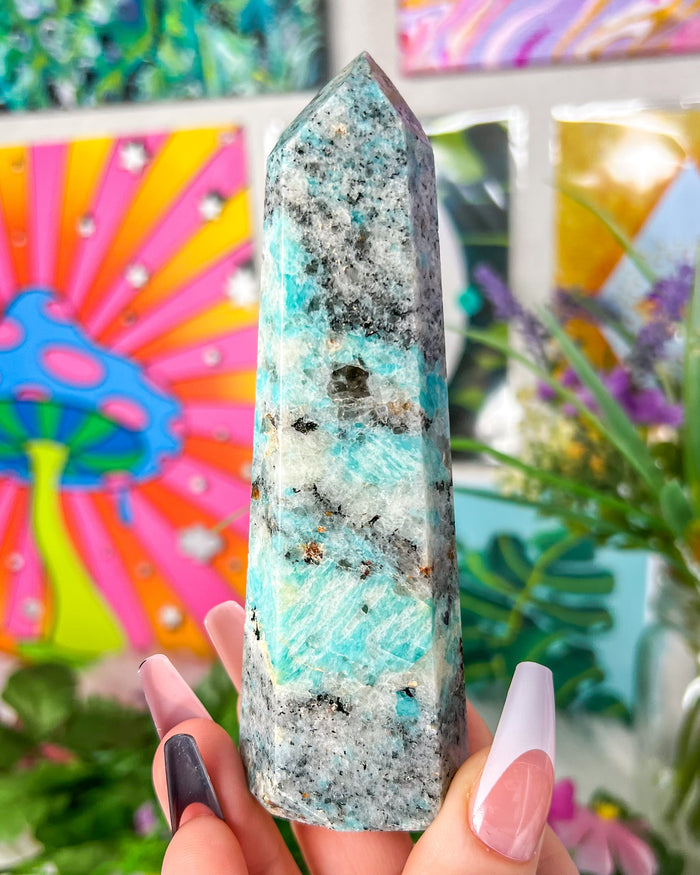 Amazonite with Tourmaline, Garnet & Mica Tower
