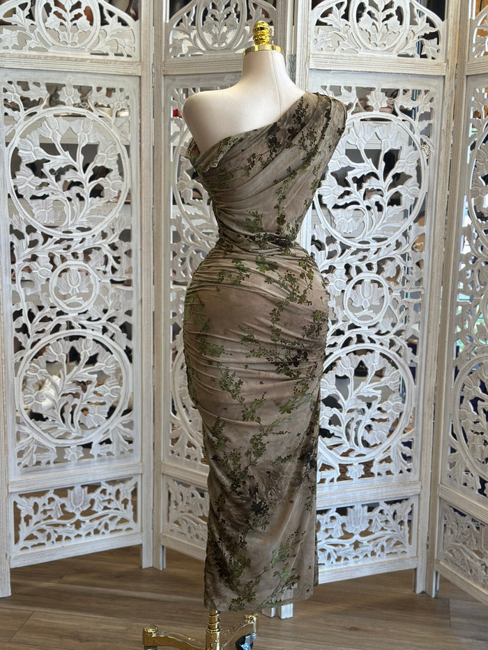 Asymmetrical Taupe Floral Midi Dress- Stretchy , Estira