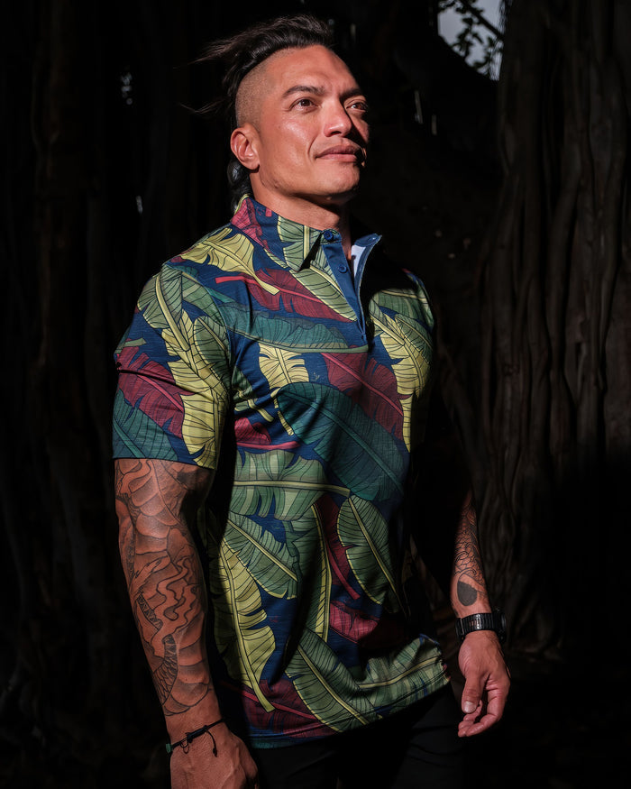 "Banana Patch Mash Up" Jungle Greens - OGA Men's Polo - Multi Greens