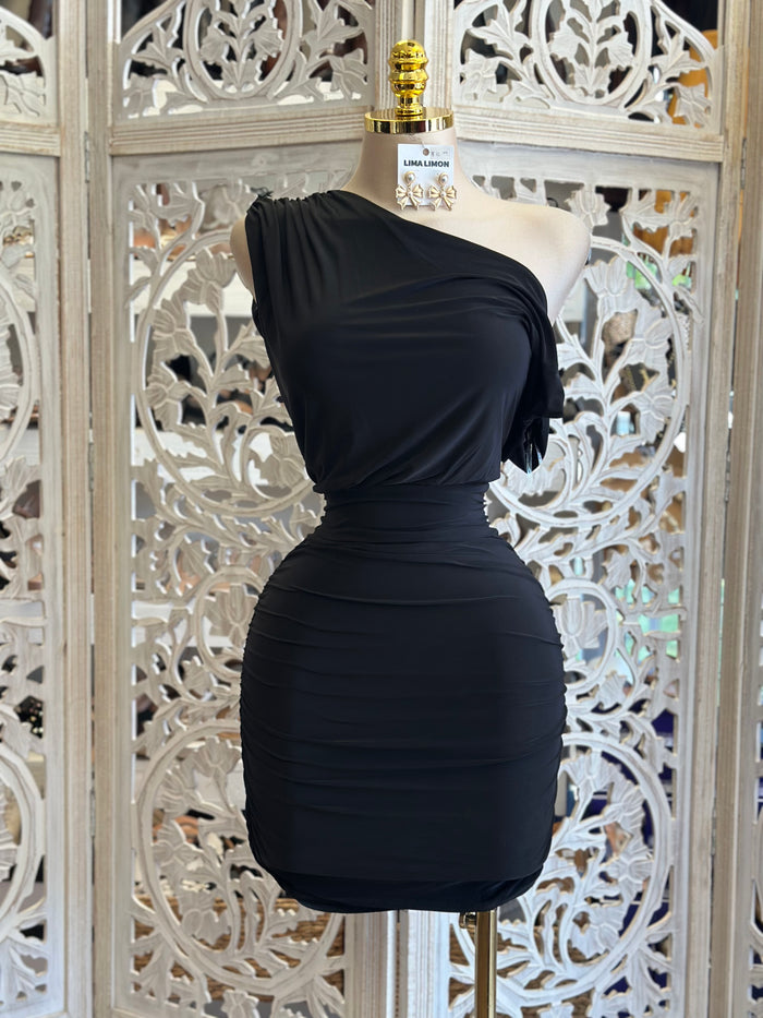 Black Asymmetrical Mini Dress- Stretchy , Estira