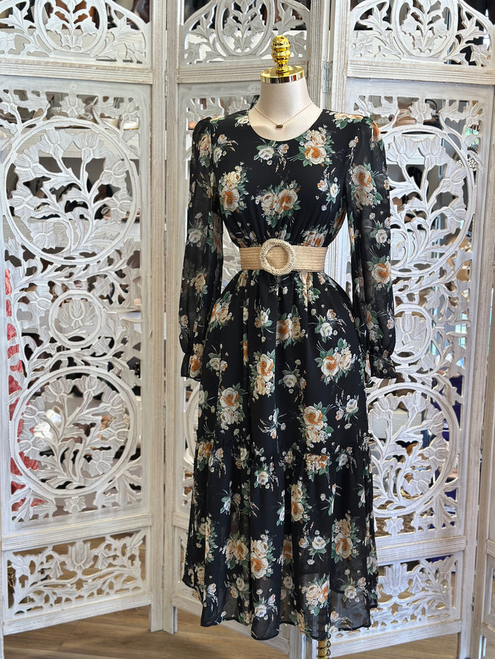 Black Long Sleeve Floral Mini Dress Stretchy