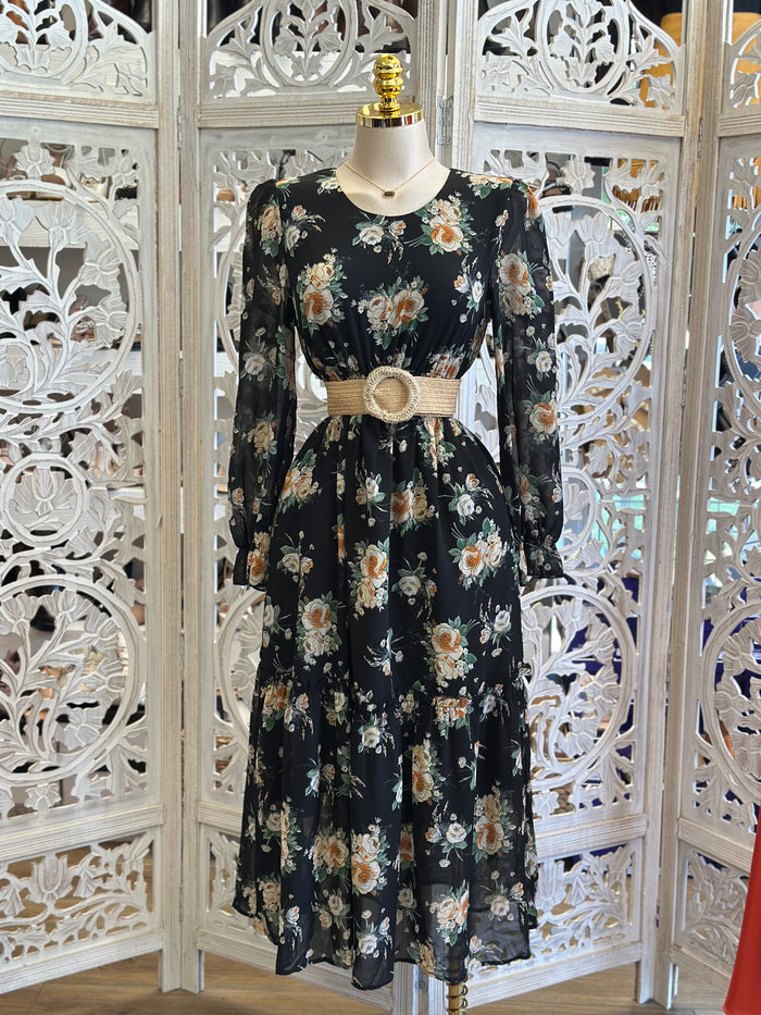 Black Long Sleeve Floral Mini Dress Stretchy