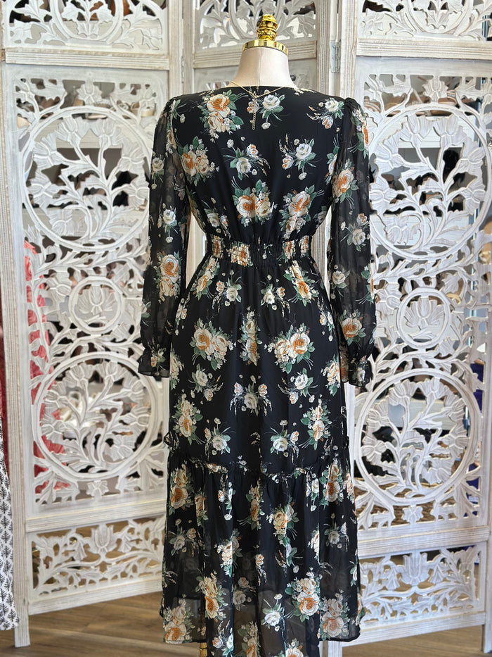 Black Long Sleeve Floral Mini Dress Stretchy