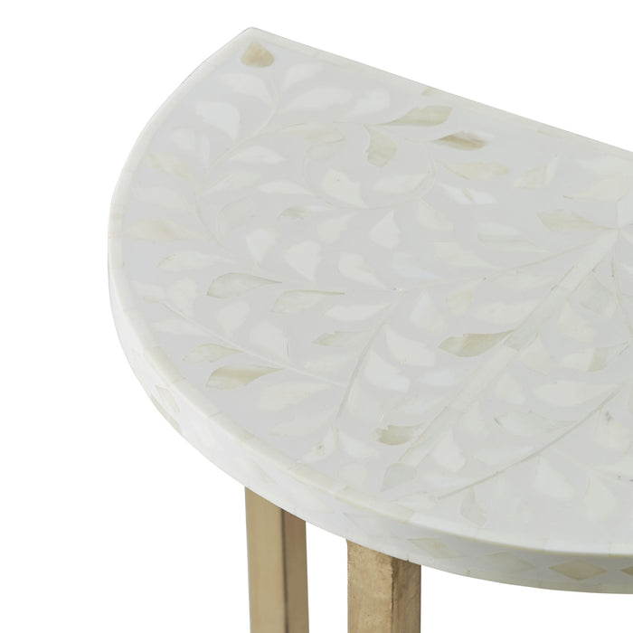 Bone Inlay Half Moon Side Table Beige with Gold Frame 44cm