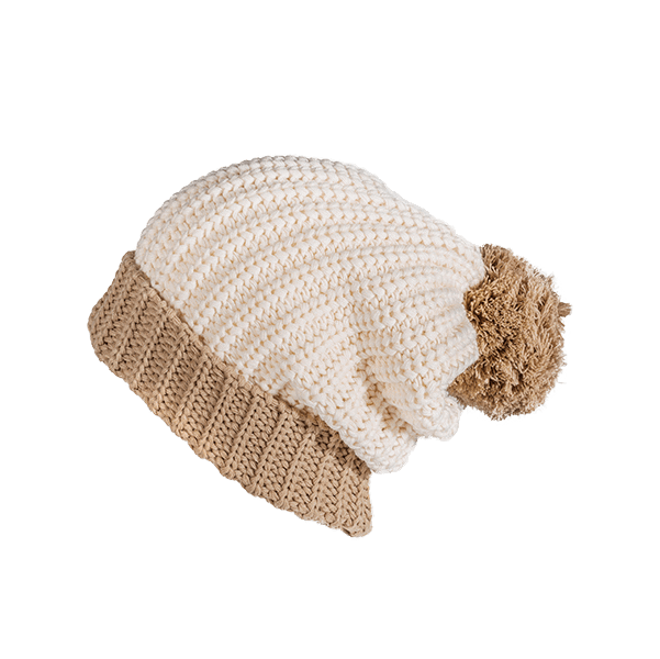 Cream/Mocha Custom Chunk Knit Ribbed Pom Beanie - Corporate Gifts