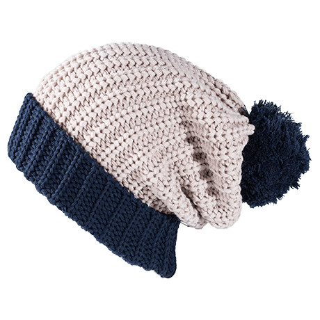Stone/Navy Custom Chunk Knit Ribbed Pom Beanie - Corporate Gifts
