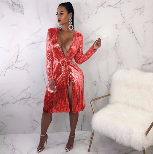 Deep V-Neck Shiny Lace-Up Long-Sleeved Sexy Split Fringe Dress – Glamorous Evening Wear