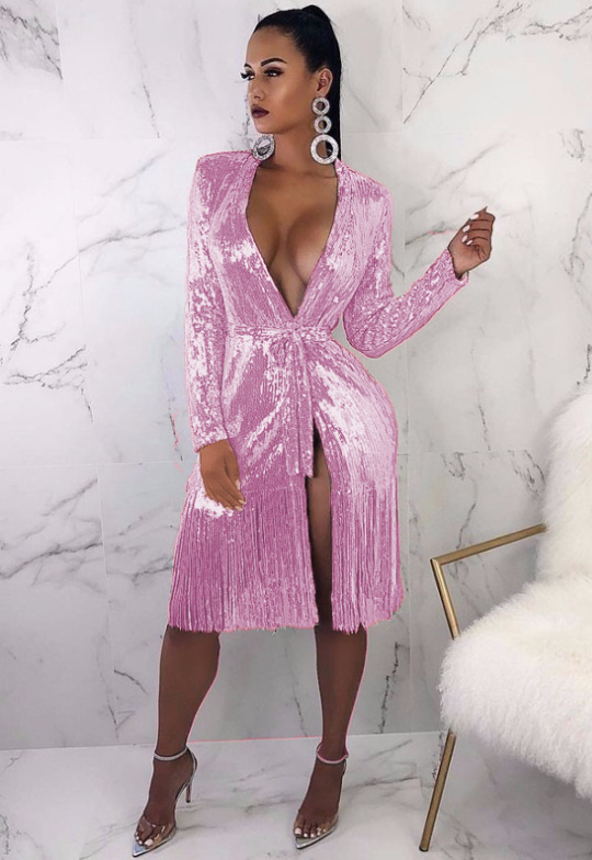 Deep V-Neck Shiny Lace-Up Long-Sleeved Sexy Split Fringe Dress – Glamorous Evening Wear