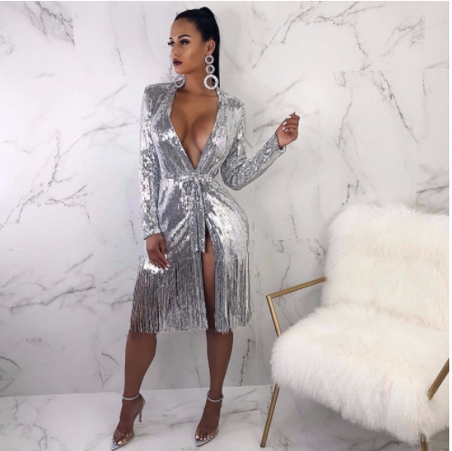 Deep V-Neck Shiny Lace-Up Long-Sleeved Sexy Split Fringe Dress – Glamorous Evening Wear
