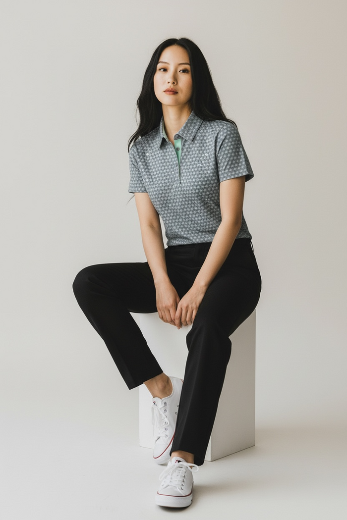 "Ditsy Ulu Quilt" Tonal Stone - OGA Women's Polo - Tonal Grays