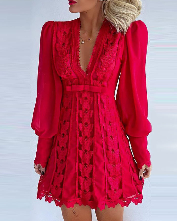 Elegant White Lace Dress – Deep V-Neck & Long Puff Sleeves