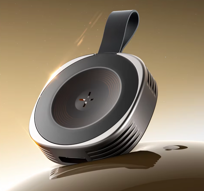 Portable air purifier with carrying strap.