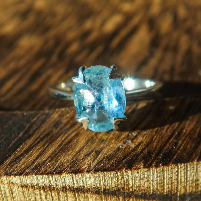 Faceted Aquamarine 925 Sterling Silver Oval Ring SIZE 5 | One-of-a-Kind Unique Jewelry