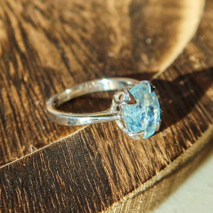 Faceted Aquamarine 925 Sterling Silver Oval Ring SIZE 5 | One-of-a-Kind Unique Jewelry
