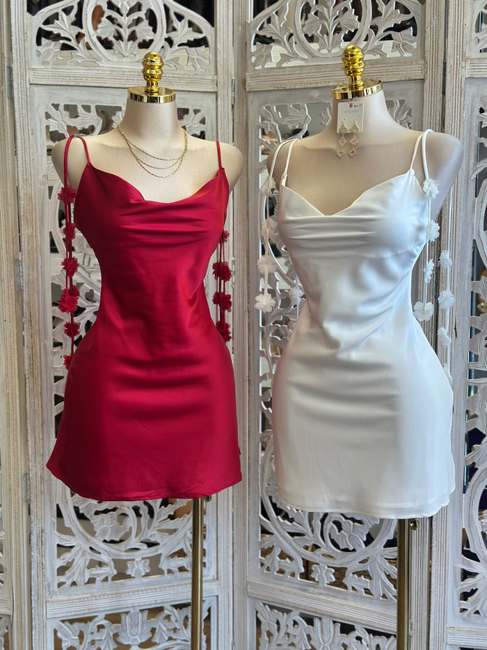 Flower Strap Mini Silky Dress- Not Stretchy, No Estira