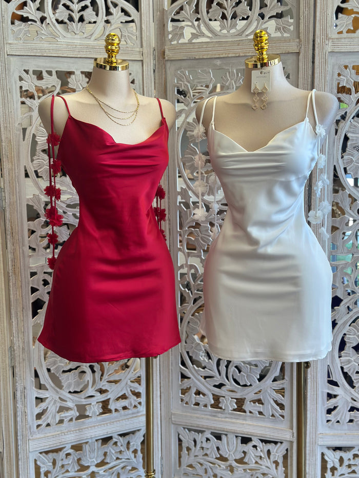 Flower Strap Mini Silky Dress- Not Stretchy, No Estira