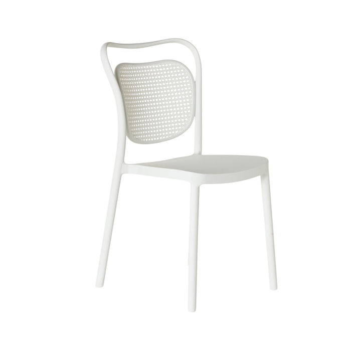 The Frankie Dining Chair White showcases a perforated backrest and smooth seat in durable polypropylene, displayed at an angle against a plain white background.