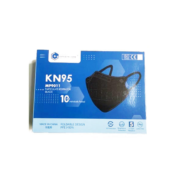 Greencare black KN95 face masks box of 10, front view