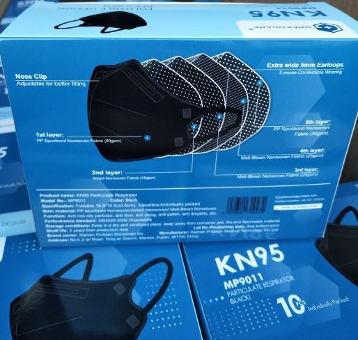 Back of Greencare black KN95 mask box showing layer diagram