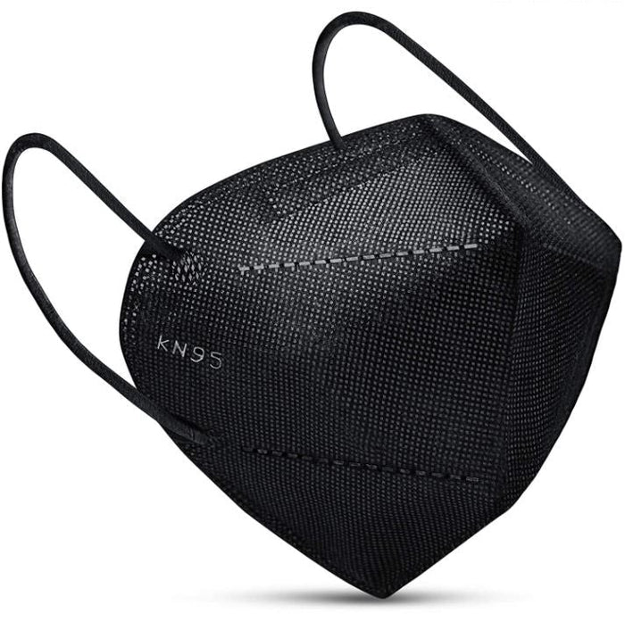 Black KN95 face mask with ear loops, side view