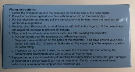 Fitting instructions printed on KN95 mask box