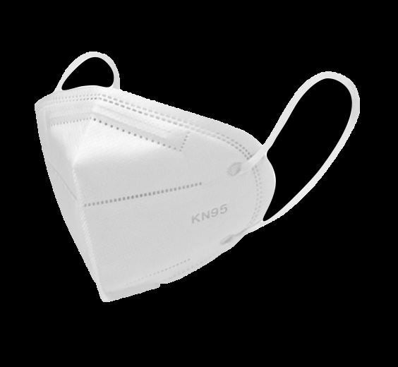 White KN95 face mask with ear loops, side view