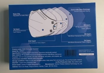 Back of Greencare KN95 mask box showing layer diagram