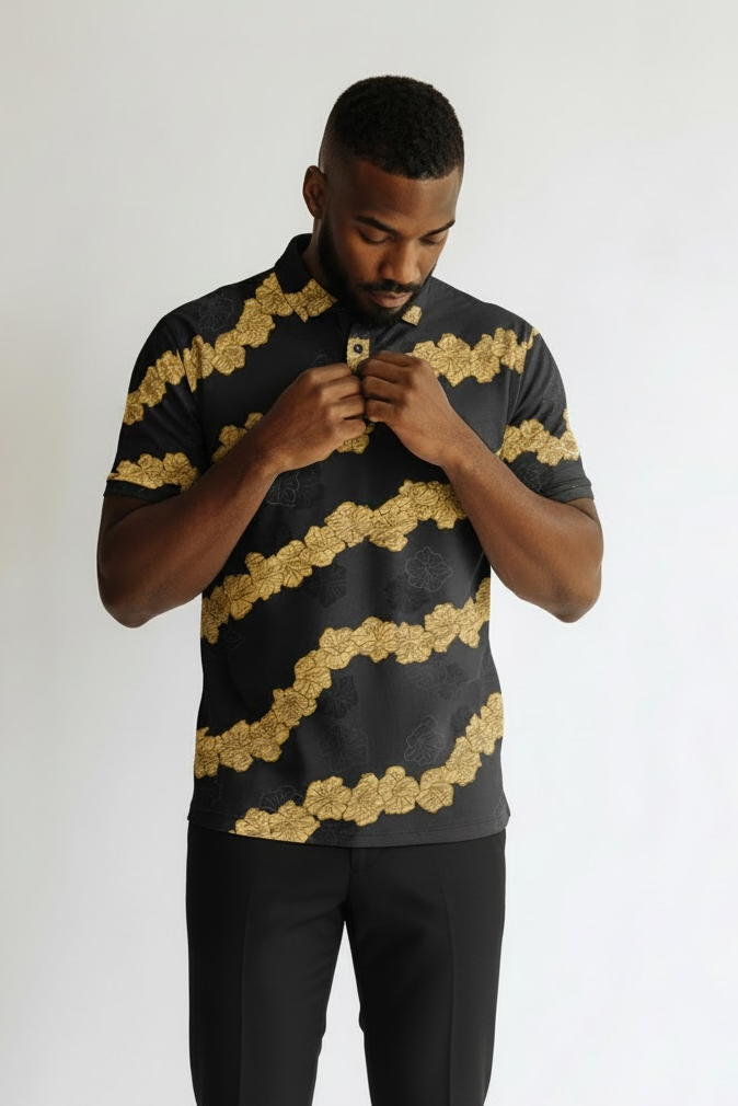 "Ho'onani" Gray- OGA Men's Polo - Obsidian / Gold