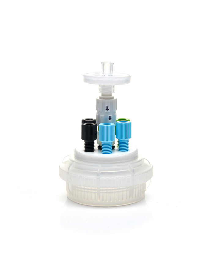 HPLC Solvent Reservoir ChromCap™ 300 Assembly, GL45, Class VI Polytetrafluoroethylene (PTFE) Adapter,  6 Ports for 3.2mm(1/8") and/or 1.6mm(1/16") | img_1 | Foxx Life Sciences Global | shopfls.com
